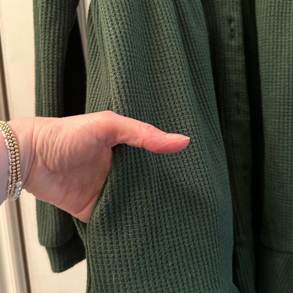 Evy’s Tree - “The Sarah” Green Button-Front Waffle Knit Ruffle Cardigan - Picture 5 of 7